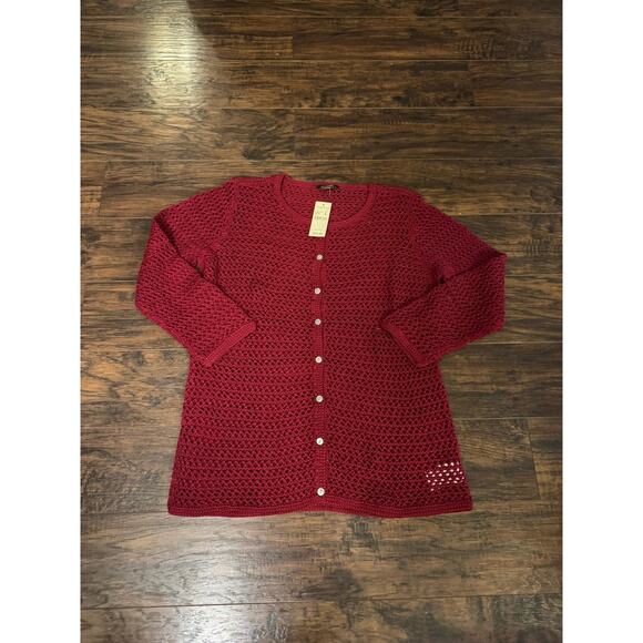 Eddie Bauer Womens Burgundy Crochet Cardigan 3/4 Sleeve Abalone Buttons Sz:L - Picture 1 of 4